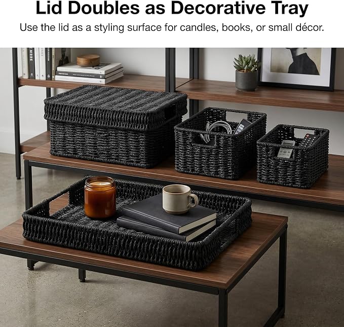 Wicker Storage Basket with Lid for Shelves, 3-Basket Set, Black | One rectangular wicker basket with lid and two open baskets for decorative shelf storage; removable lid flips into a tray. - Image 4