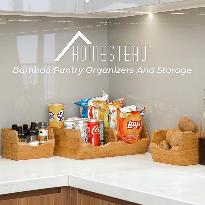 HOMESTEAD Bamboo Pantry Storage Bins – Stackable Potato & Onion Storage Bin for Kitchen Countertop, Pantry Organizer, Fruit Vegetable Basket, Multiuse - Set of 3 Slide-Out Access - Image 8