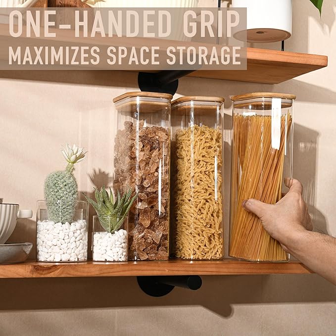 D2scrma 71oz Rectangle Airtight Glass Storage Containers with Bamboo Lids (Set of 3), Square Food Storage Jar, Pantry Organizers for Sugar, Flour, Spaghetti and Coffee beans (‎with Black Lable) - Image 3