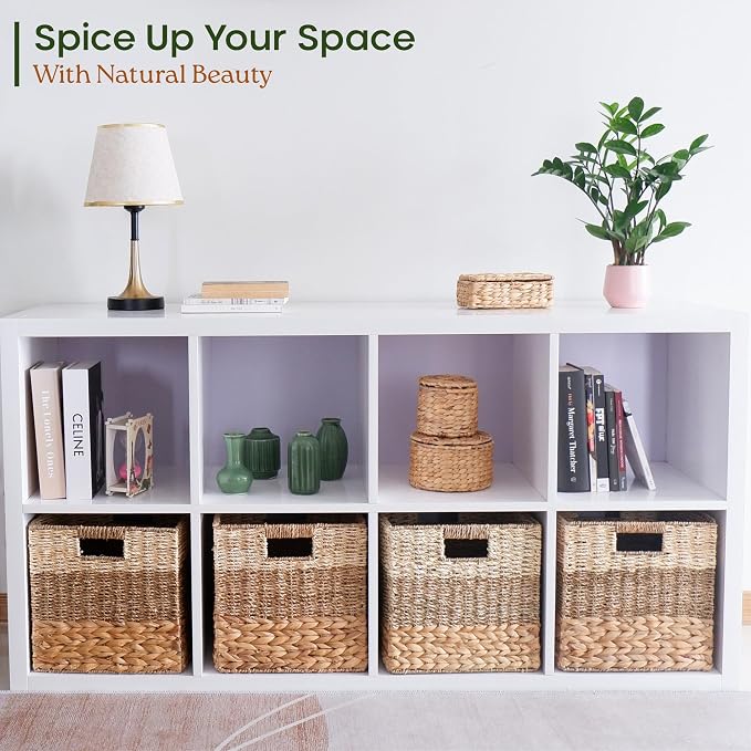 12x12 Baskets for Cube Storage, Wicker Cube Storage Bins Set 4 | 12x12x12 Storage Bins, Foldable Square Baskets For Cube Shelves, Kallax Woven Bins, Versatile Storage, Natural Water Hyacinth - Image 2