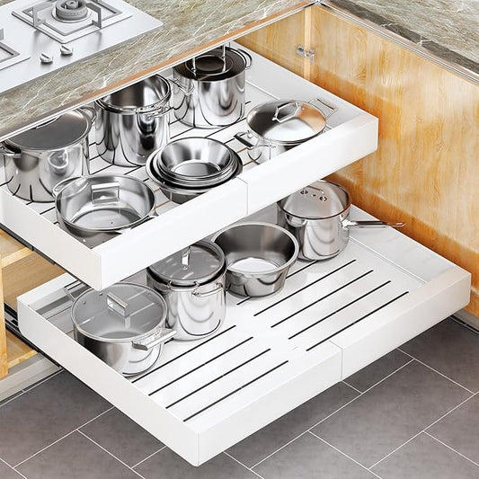 Pull out Cabinet Organizer, Wider Expandable(14"-24") Heavy Duty Slide out Drawers Fixed with Adhesive Nano Film for Pots, Roll out Shelf Storage for Kitchen Cabinet Organization(White-1pc)(3 Rails) by Kitstorack