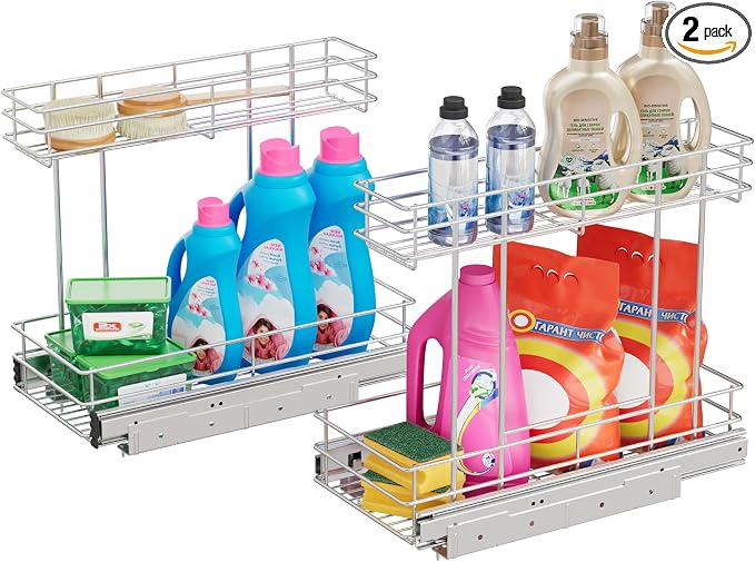 Under Sink Organizer 9" W X19 D, Pull Out Cabinet Organizer 2 Tier | 2 Pack, Chrome Plated, Full Slide Out, Under Kitchen Bathroom Sink Organizer, Pantry Cabinet Closet Organization Rack by STORKING