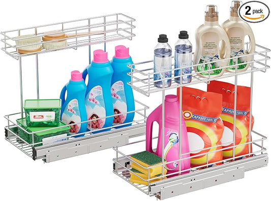 Under Sink Organizer 9" W X19 D, Pull Out Cabinet Organizer 2 Tier | 2 Pack, Chrome Plated, Full Slide Out, Under Kitchen Bathroom Sink Organizer, Pantry Cabinet Closet Organization Rack by STORKING