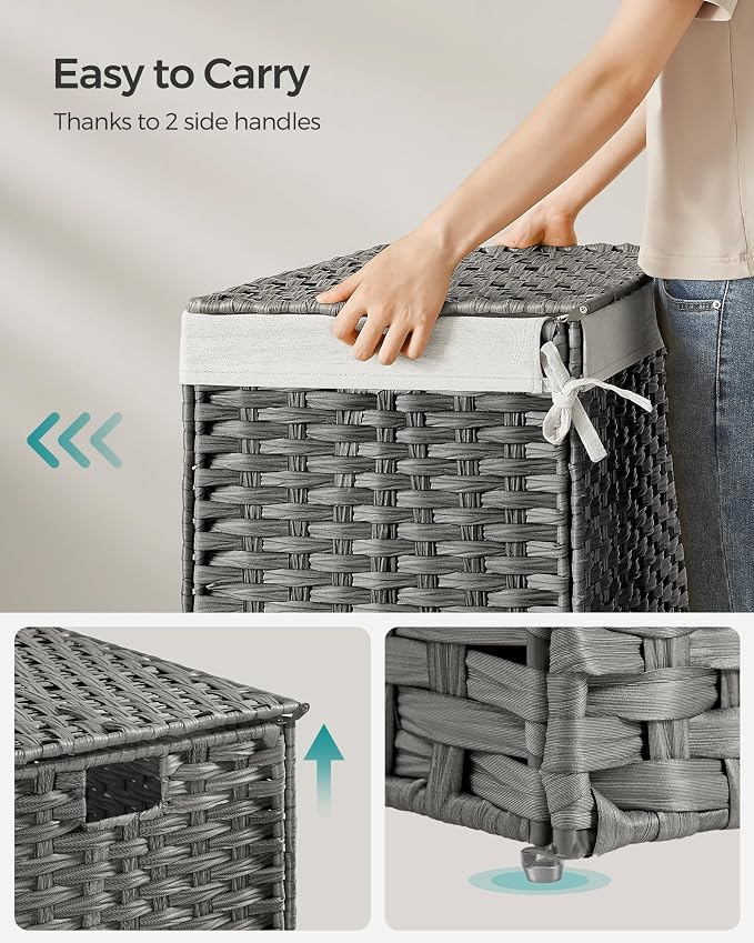 SONGMICS Storage Basket with Lid, Woven Blanket Storage Bin with Handles, Foldable, Removable Liner, Metal Frame, for Bedroom, Laundry Room, 27.7 Gallons (105 L), Gray URST066G01 - Image 6