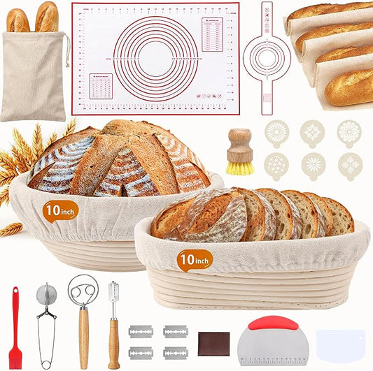PeacePeo Sourdough Starter Kit 27Pcs with Round and Oval Banneton Basket | Handwoven Rattan Baskets with Linen Liners Scoring Tools and Dough Accessories for Beginners, Home Bakers Making Bread by PeacePeo