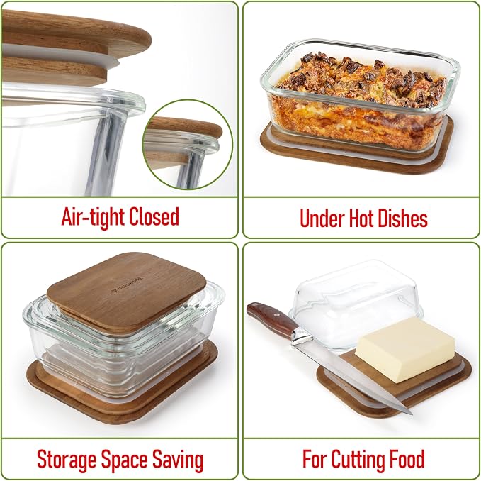 Glass Container Set with Acacia Lids - 4 Stackable Meal Prep Containers. Durable heat resistant Inert Borosilicate Glass - Image 3