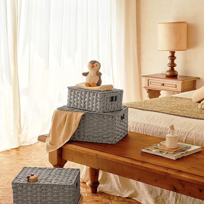 Granny Says Wicker Basket With Lid, Wicker Storage Baskets For Shelves | Woven Baskets With Lids, Wicker Baskets For Storage, Decorative Storage Boxes, Woven Stackable Basket with Lid for Organizing - Image 3