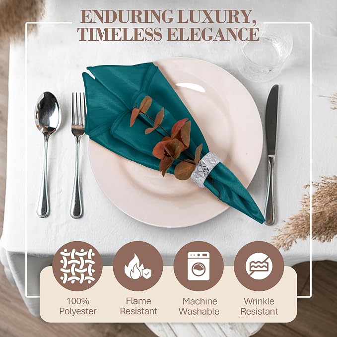 17 x 17-Inch Shantung Satin Cloth Napkins, Teal, Set of 12 | Bulk Case of 1 Dozen, Square, 100% Polyester Fabric, Reversible, Faux Dupioni Silk Reverse Side, Machine Washable, Blue - Image 2