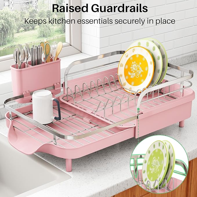 SAYZH Expandable Dish Drying Rack for Small Kitchen Counter, Pink | Stainless Steel, Protective Guardrail, Angled Drainboard, Fits High-Rim Sinks, Removable Utensil Holder - Image 5