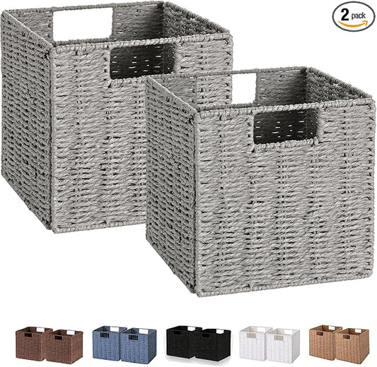 Wicker Basket, Set of 2 Hand-Woven Wicker Storage Basket, Foldable 11 inch Cube Storage Bins, Storage Baskets for Organizing Shelves, Closet Organizers and Storage Bins, Gray (11″×11″×11″) by Vagusicc