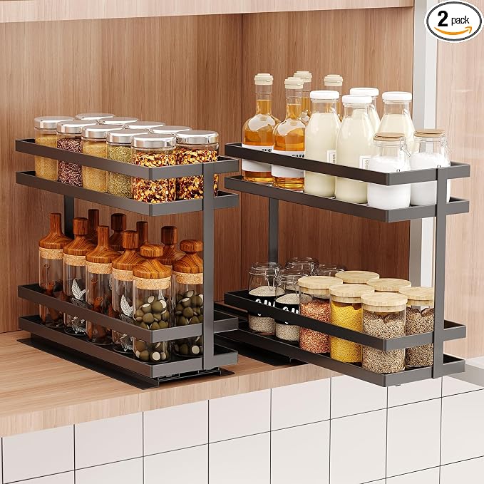 Mustorn 2 Pack Pull Out Spice Rack Organizer for Cabinet, 2 Tier Metal Slide Out Seasoning Organizer and Storage Heavy Duty Vertical Spice Rack Shelf Pullout for Kitchen Cabinets No Drilling (Black) by MUSTORN