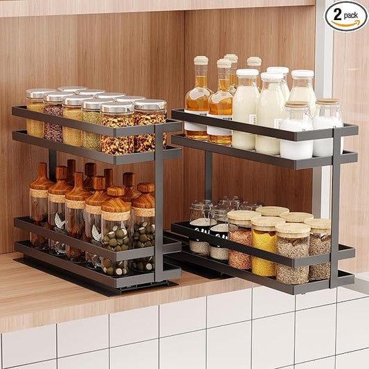 Mustorn 2 Pack Pull Out Spice Rack Organizer for Cabinet, 2 Tier Metal Slide Out Seasoning Organizer and Storage Heavy Duty Vertical Spice Rack Shelf Pullout for Kitchen Cabinets No Drilling (Black) by MUSTORN