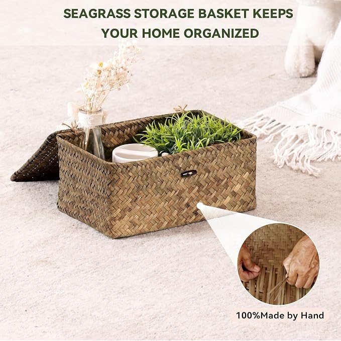 Nonam Seagrass Storage Baskets with Lid Set of 3,Wicker Basket Storage Bin for Shelves,Rectangular,Boho Decor,Handwoven Shelf Basket for Organizing-Storage Container Box for Home Organization-Coffee - Image 4