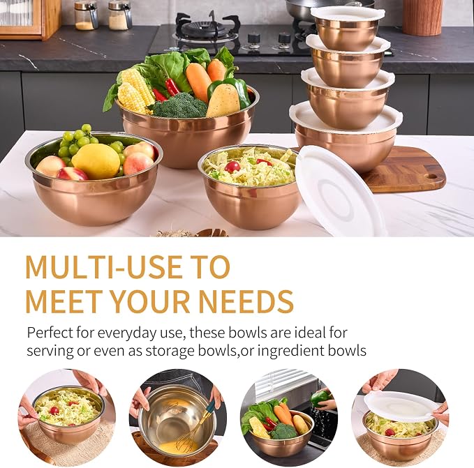 Rose Gold Mixing Bowls with Airtight Lids, Stainless Steel Nesting Mixing Bowls Set of 7, Ideal for Baking, Prepping and Serving Food, Size 7, 3.6, 2.7, 2.1, 1.5, 1.1,0.8 QT, Stackable Design - Image 5