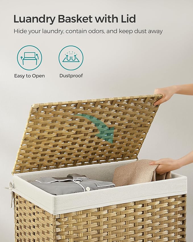 SONGMICS Storage Basket with Lid, Woven Blanket Storage Bin with Handles, Foldable, Removable Liner, Metal Frame, for Bedroom, Laundry Room, 27.7 Gallons (105 L), Natural URST066N01 - Image 5