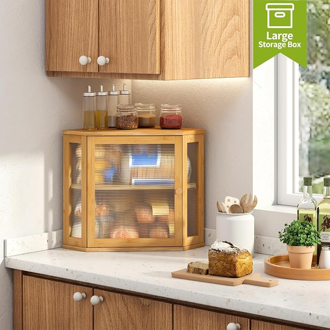 BMOSU Corner Bread Box for Kitchen Countertop Double Layer Bamboo Wooden Bread box Large Capacity Bread Storage Bin(Natural, Medium) - Image 4