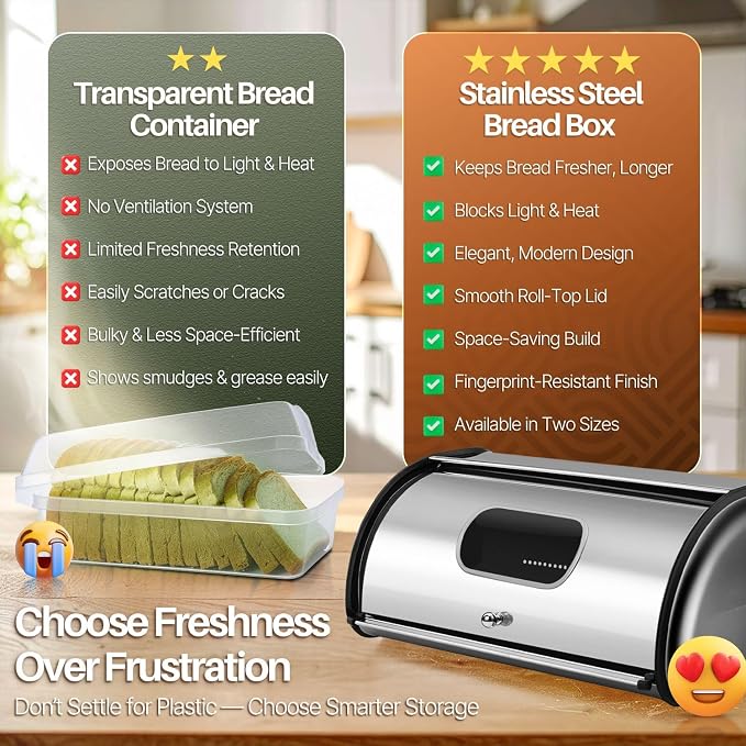 Flexzion Stainless Steel Bread Box for Kitchen Countertop, 16 Inch, Silver | Large Bread Storage Container with Roll-Top Lid, Front Window, Rear Vents, and Room for Bread, Bagels, Muffins, and Pastries - Image 6