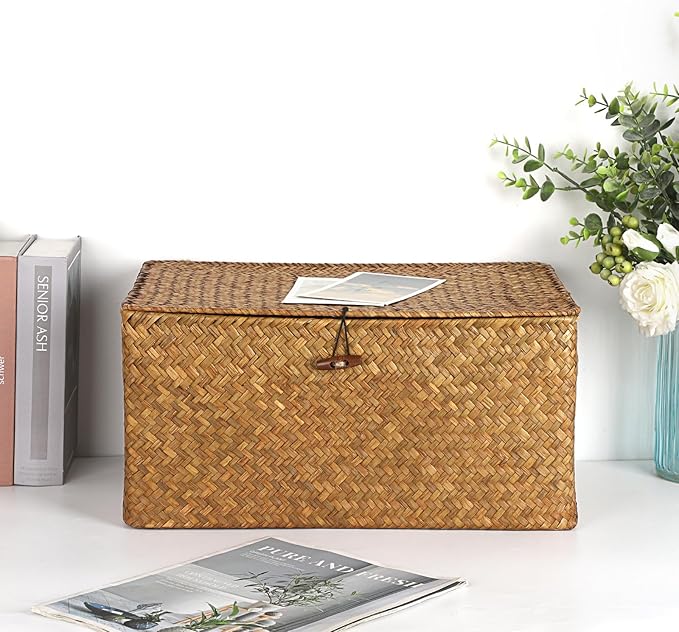 Hipiwe Wicker Shelf Baskets Bin with Lid Handwoven Storage Basket, X-Large | Rectangular Basekts Bins Natural Seagrass Household Basket Boxes for Shelf Wardrobe Home Organizer, Caramel - Image 2