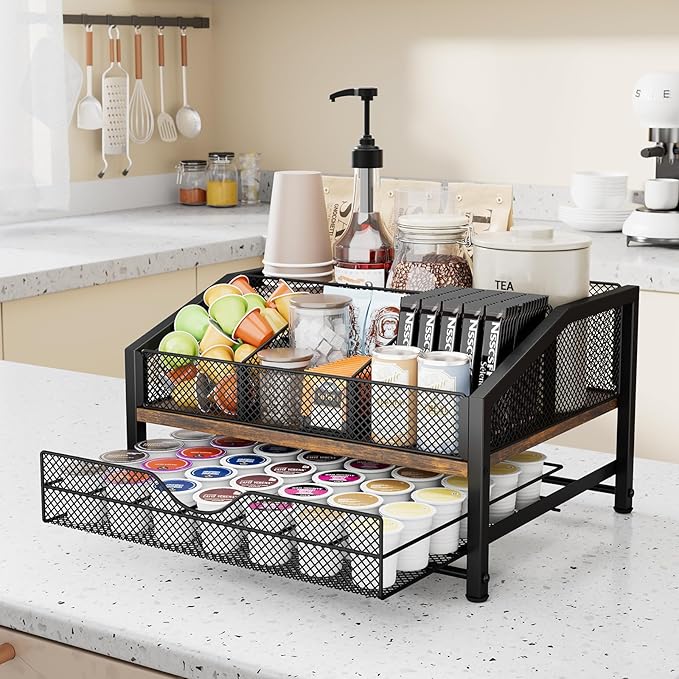 Coffee Bar Organizer - Coffee Station for Countertop, Metal and Wood K Cup holder Storage Basket with Drawer for Syrup, Cups, Stirrer, Condiment, Tea Organizer, Brown - Image 6