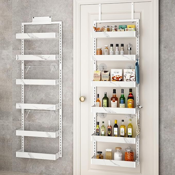 BUKFEN Over the Door Pantry Organizer, 6-Tier Adjustable Basket Spice Rack | 2-IN-1 Door & Wall Mounted, Heavy Duty Metal Storage Shelf, 12 Hooks, Behind Door Organizer for Kitchen, Bathroom, Closet by bukfen