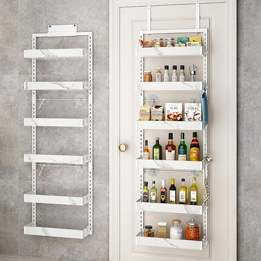 BUKFEN Over the Door Pantry Organizer, 6-Tier Adjustable Basket Spice Rack | 2-IN-1 Door & Wall Mounted, Heavy Duty Metal Storage Shelf, 12 Hooks, Behind Door Organizer for Kitchen, Bathroom, Closet by bukfen