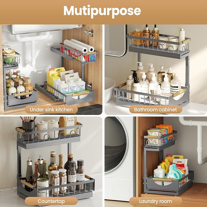 Under Sink Organizer and Storage 2 Tier Cabinet Pull Out Shelf Organizers | 2 Pack 2 Tier under sink storage for Bathroom and Kitchen Slide Out Drawer Organization for Home Cabinets Shelves and Drawers - Image 7