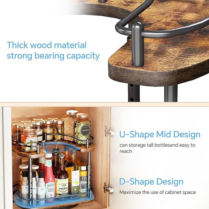 Lazy Susan Organizer Spice Rack - Spice Organization for Cabinet Height Adjustable Rotating Lazy Turntable, Pantry Kitchen Wood Revolving Seasoning Organizer (Vintage, 12 Inch) - Image 8