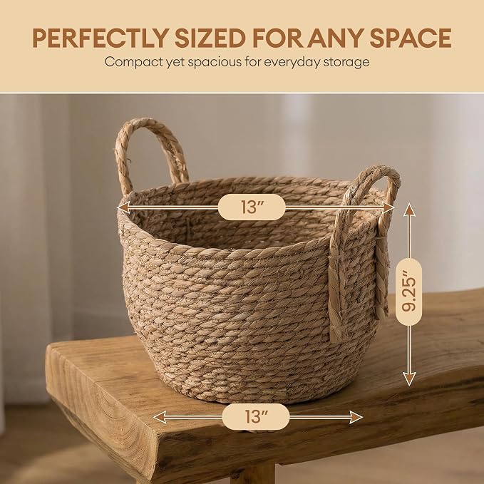 Decorative Wicker Basket for Blankets, Round Woven Storage Bin 13" x 9.25" with Braided Handles for Living Room, Bedroom & Bathroom - Throw Blanket Basket for Towels, Toys, Pillows - Vintiquewise - Image 2