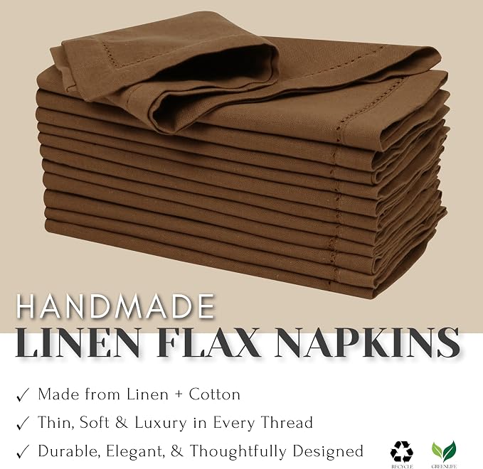 Ramanta Home Brown Cloth Dinner Napkin Set of 12-18x18 Inch | Cotton Linen Flax Hemstitched Napkins Washable for Everyday Use - Image 6