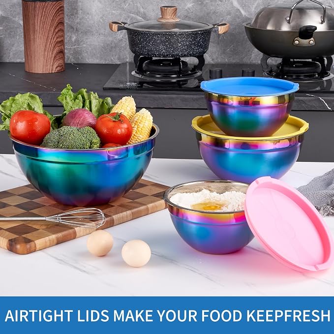 Rainbow Mixing Bowls With Airtight Lids,Stainless Steel Bowl,Salad Bowls 4 Piece Colorful Nesting Bowl Rainbow Kitchen Accessories,Size 5.5,3.6,2.1,1.5 QT Stackable Design - Image 6