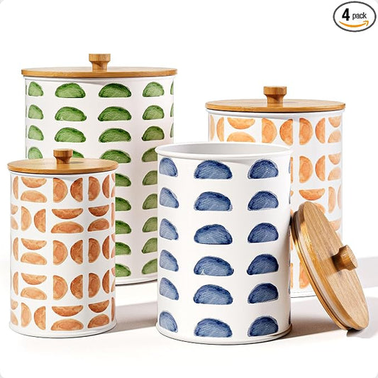 Kitchen Canisters for Countertop Set of 4, Patterned Iron w/ Airtight Lids | Airtight Easy Open Bamboo Lids - Dent-Resistant Thick Metal - Sturdy Comfortable Bamboo Handles - Unique Printed Pattern by HBDesignCo
