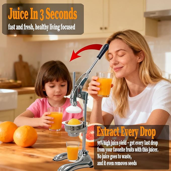 2IN1 Cast Aluminum Manual Citrus Juicer Hand Press,Upgraded of Iron,Funnel Cone in 304 Stainless Steel,H 17.72inch,Orange Lemon Pomegranate Squeezer Machine Heavy Duty,Electroplate Surface(Silver) - Image 6