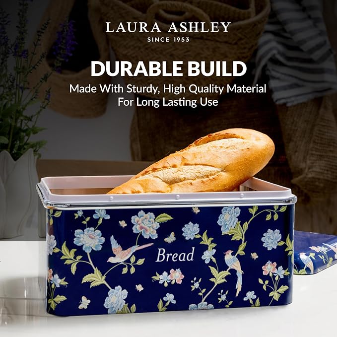 Laura Ashley Elveden Navy Large Bread Box for Kitchen Countertop -Breadbox | Durable Bread Storage Container, Food Grade Metal Bread Bin, Removable Lid, Keep Bread Fresh, Rust Resistant, Easy to Clean - Image 4