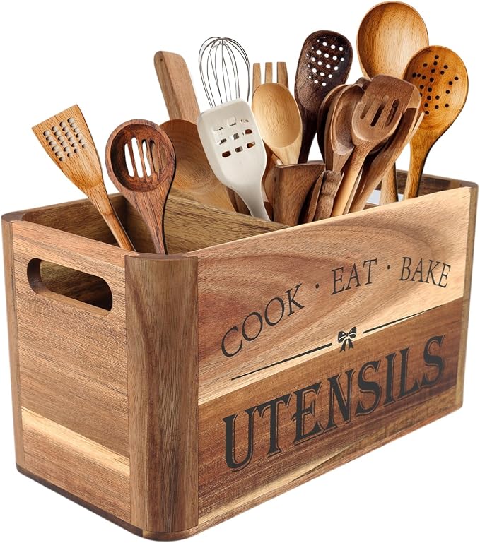 Utensil Holder for Kitchen Countertop - Extra Large 3 Compartment Wooden Organizer in Acacia Wood, Storage for Cooking Tools and Cutlery, Farmhouse Style for Home Cooking by Unknown