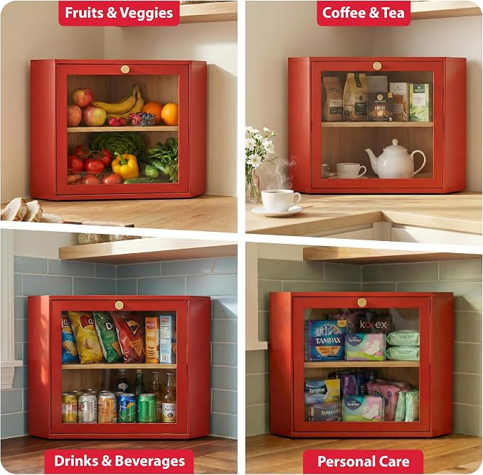 2 Tier Corner Bread Box for Kitchen Countertop, Red | Space-saving, food-safe bamboo corner countertop cabinet featuring a modern brass knob & controlled airflow. - Image 4