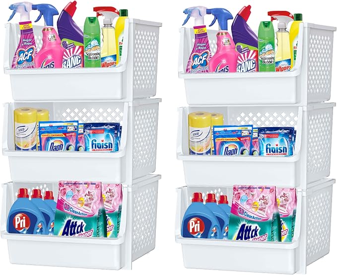 XLarge Stackable Storage Bins Open Front for Pantry Storage, 6 Pack - White | Sturdy Plastic, Easy Stacking, Open Front Access, Ventilated Sides, Vertical & Space Saving Pantry Organizers and Storage Bin by Skywin