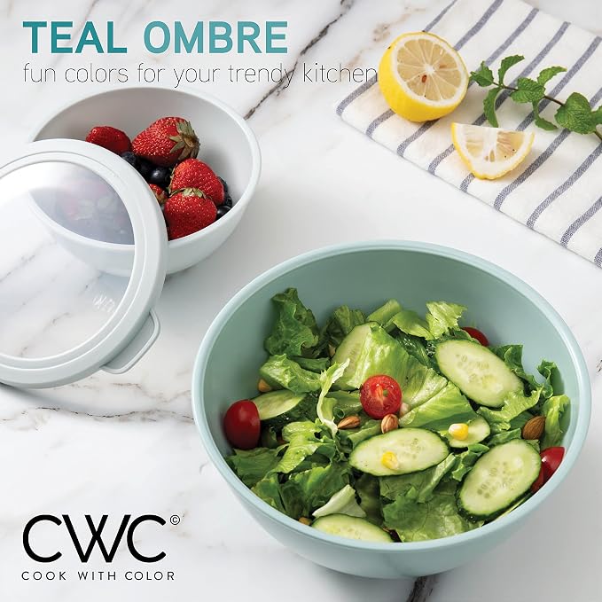 COOK WITH COLOR Mixing Bowls with TPR Lids - 12 Piece Plastic Nesting Bowls Set includes 6 Prep Bowls and 6 Lids, Microwave Safe Mixing Bowl Set (Teal) - Image 3