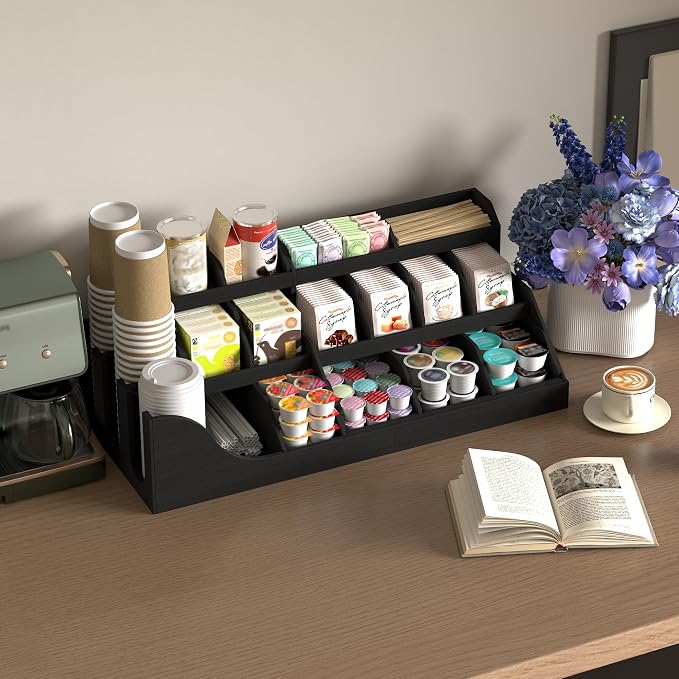 Suli 3-Tier Coffee Bar Station Organizer for Countertop,Extra large,18-Slot | Coffee Storage Basket for Kitchen Counter,Office,Hotel,Pod Holder with Drawer for Condiment Syrup,Tea Cup,Wooden,Rustic Black - Image 6
