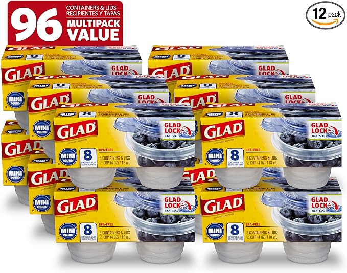 Glad GladWare Mini Round Food Storage Containers, 4 Oz, 8 Count, 12-Pack | BPA-free, lock-tight seal for snacks, portion control, and on-the-go; reusable and stackable by GladTrashFoodStorage
