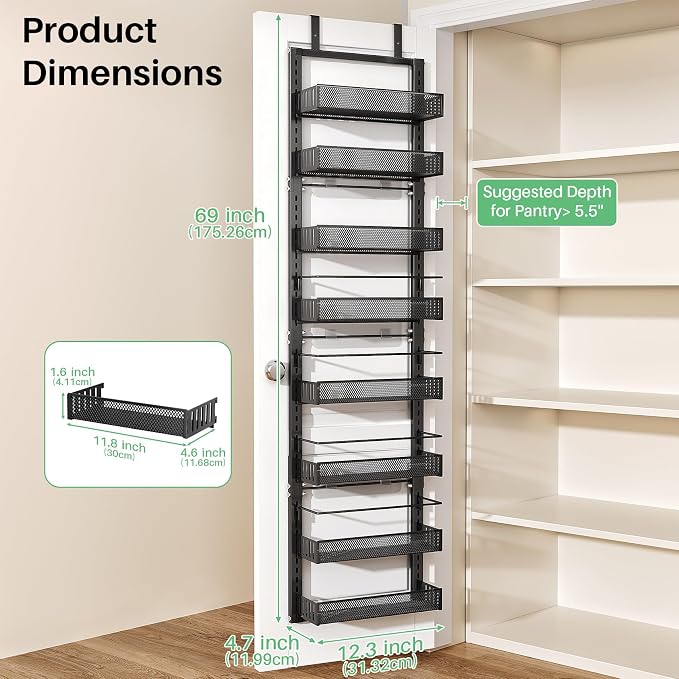 SNTD 8 Tiers Narrow Over the Door Organizer, 12.3"W x 4.7"D x 69"H, Black | Pantry Door Organizers and Storage, Height Adjustable Spice Rack, Dense Mesh Baskets, Anti-Swing, Adjustable Door Fastener - Image 2