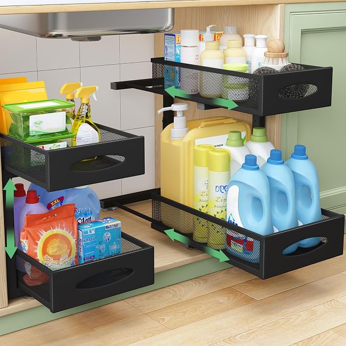 Under Sink Organizer, 2 Pack 2 Tier Pull out Cabinet Organizer Baskets with Mesh Sliding Drawers, Slide out Sink Storage Shelves for Home, Kitchen, Bathroom, Pantry, Office Organizers and Storag,Black by Kitstorack