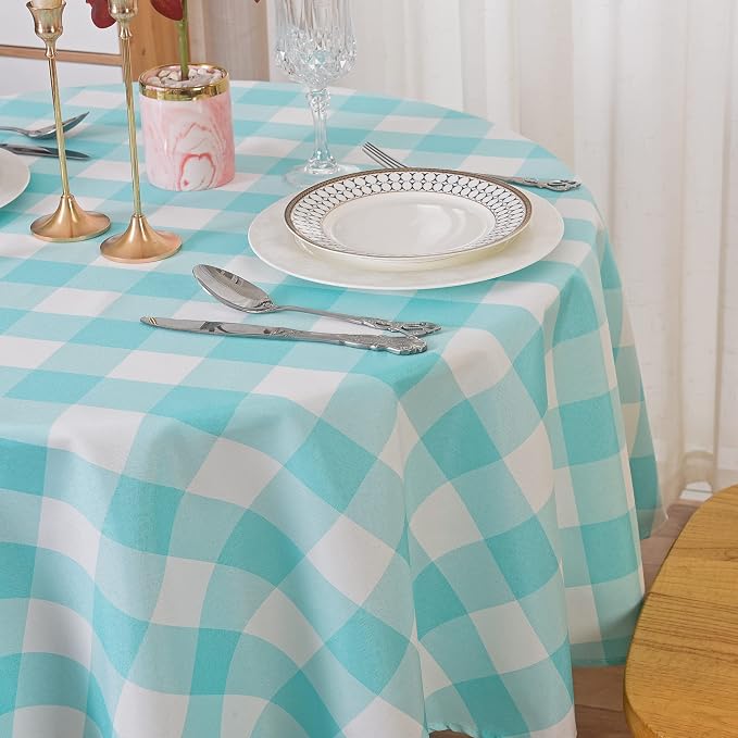 Cupuamon 2 Pack Waterproof Polyester Fabic Round Checkered Tablecloth，60 Outdoor Table Cloth，Oil Stain Prevention Table Cloth for Pinics and Parties（Aqua and White） - Image 8