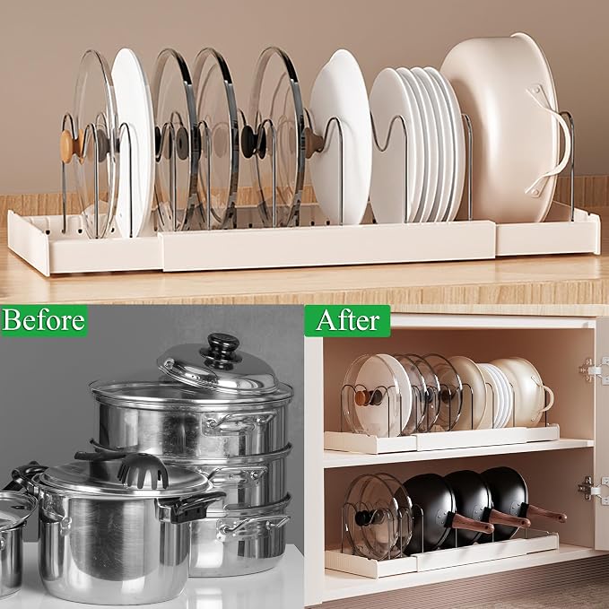 2 Pack Pots and Pans Organizer Under Cabinet 22" Expandable Pot Lid Holder | Pot Rack Inside Cabinet with 10 Adjustable Dividers for Kitchen Storage Cutting Boards, Lid, Bakeware, White 2PCS - Image 4