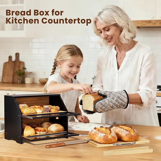 MAISONPEX Double Layer Bamboo Bread Box for Kitchen Countertop, Large Capacity, Cutting Board, Stainless Steel Bread Knife, Double Layer Storage Container with Clear Windows, Black - Image 7