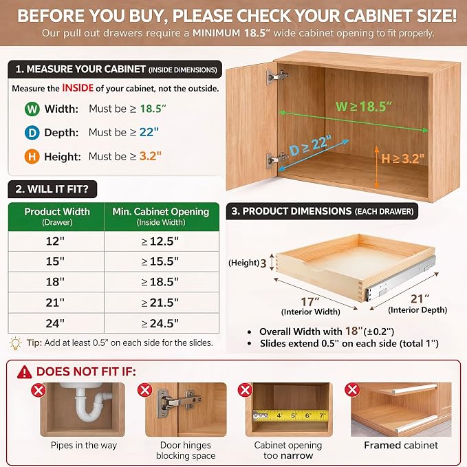 2 Set Wooden Pull out Cabinet Organizer Fully Assembled Slide out Pantry Drawer with Gentle Close Storage Shelf Tray for Base Kitchen Under Sink Bathroom Accessory(Wood Color,18'' X 21'' X 3'') - Image 2