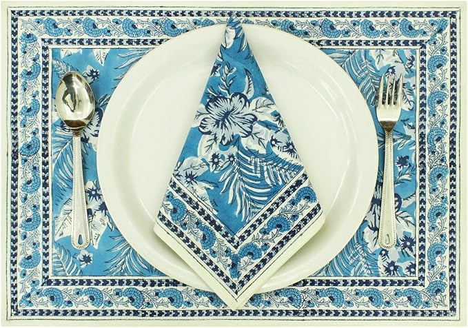 20x20 Inches Cotton Napkins Set of 4, White Blue, Washable Hand Block Printed Reusable Cloth Napkins for Dinning, Party, Wedding, Home Decor Fall - Image 6