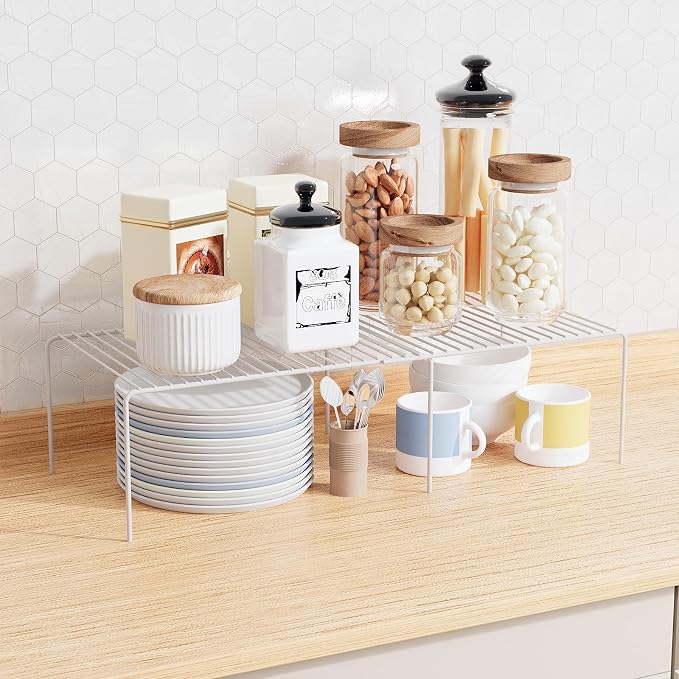 6Pack Expandable Storage Shelf, 13.5"~23" L x 9.4" W x 5.5" H, White | Adjustable Rustproof Metal Wire Spice Rack, Space Saver Kitchen Storage Shelves for Pan, Pot, Countertop, Drawer, Fridge - Image 2