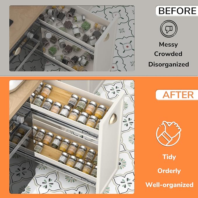 AMBIRD Bamboo Spice Drawer Organizer with Non-slip Mat, 4 Tier Jar Spice Rack Tray 13'',Seasoning Organizer for Kitchen,Cabinet,Drawers,Countertop - Image 3