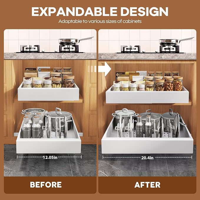 Seinloes 6Pack Expandable Pull Out Cabinet Organizer 21"Deep With Raising Pad for Framed Cabinets,Slide Out Drawers with 4pcs Divider Racks,Roll Out Shelves Adhesive,Adjustable Width 12.05"-20.4"White - Image 3