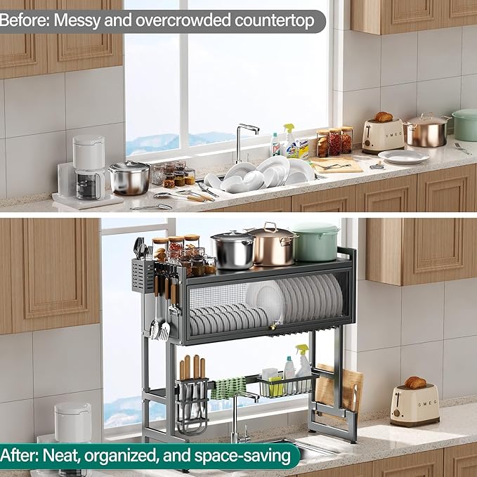 Over the Sink Dish Drying Rack 3 Tier with Dustproof Flip-Up Cover | Large Dish Drainer Storage Counter Organizer,Space-Saving Dish Rack for Dishes and Cutlery,Fits Sinks up to 36 Inches(Gray) - Image 6